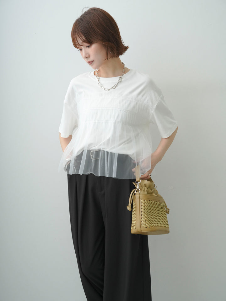 [SET]ギャザーチュールドッキングTEE+ベルトループデザインワイドパンツ(2set)