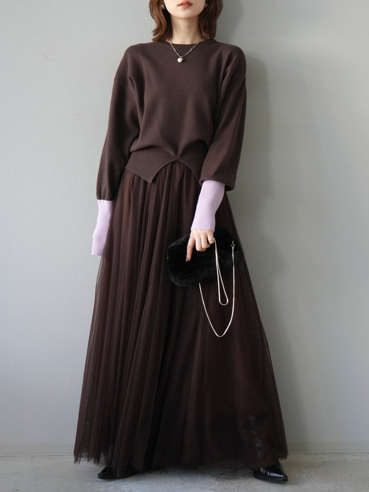 [予約]袖配色フロントスリットニットプルオーバー/ブラウン