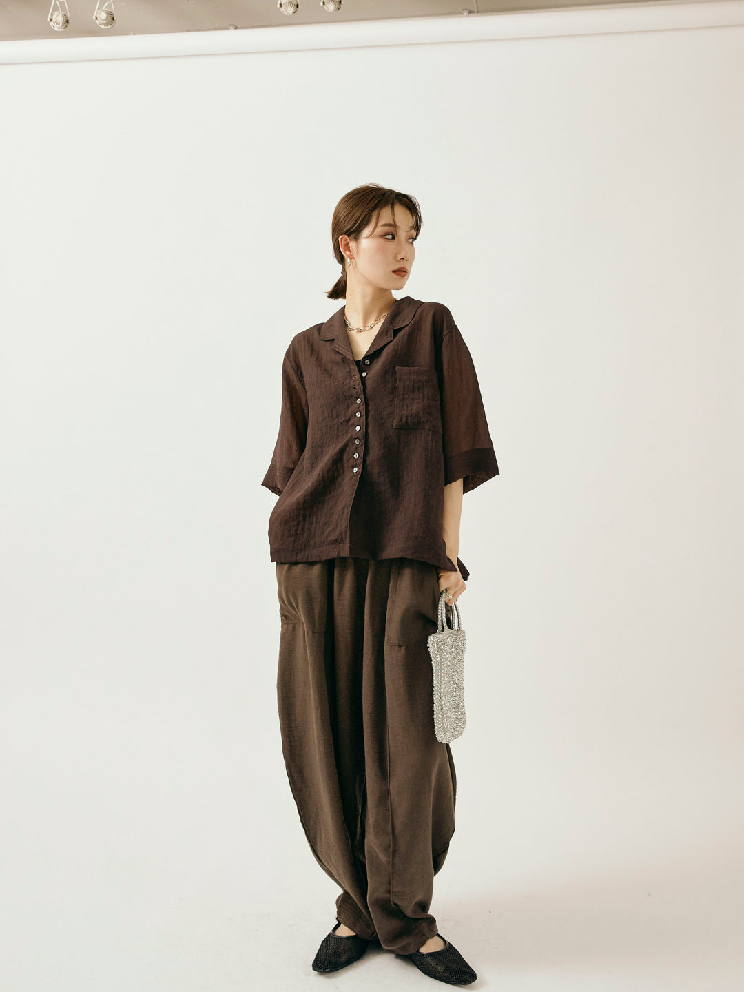 【Allure】[SET]シャイニースラブシアー開襟ハーフシャツ+リネンライクベイカーバルーンパンツ(2set)