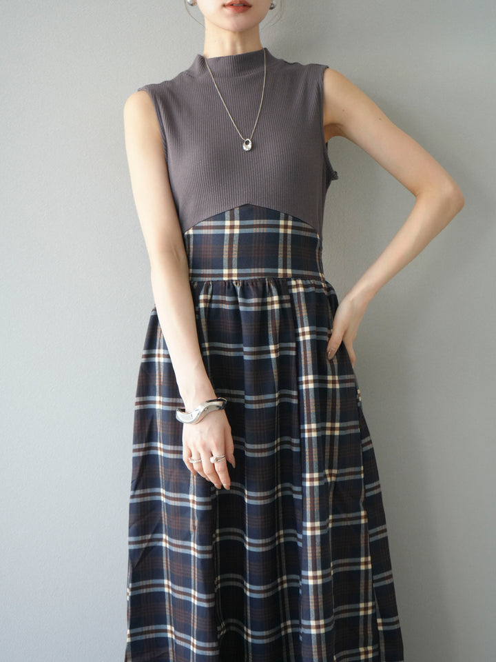 [SET]テレコ×チェックドッキングノースリワンピース+選べるアクセセット(2set)