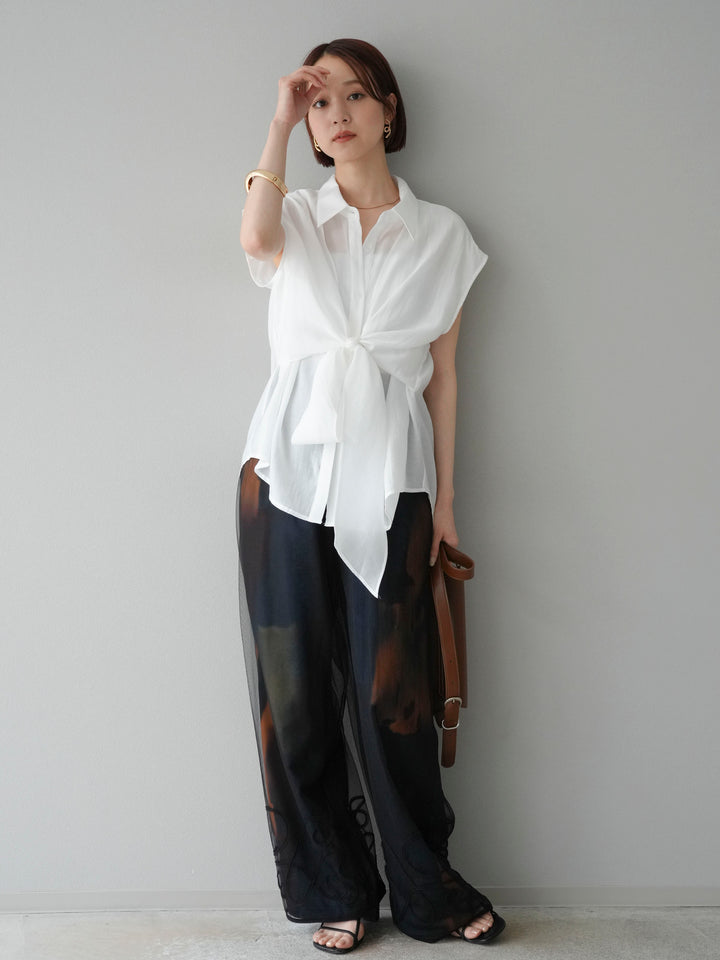 [SET] 前繫帶透視上衣 + 水彩藝術休閒褲 (2 件組)