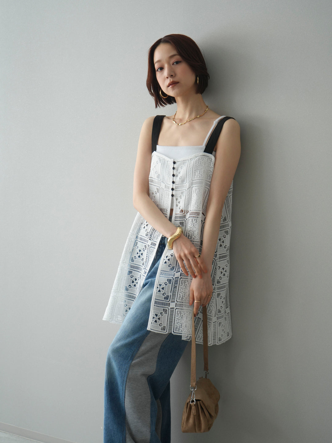 [SET]配色パネルレースキャミソール+デニム切替スウェットパンツ(2set)