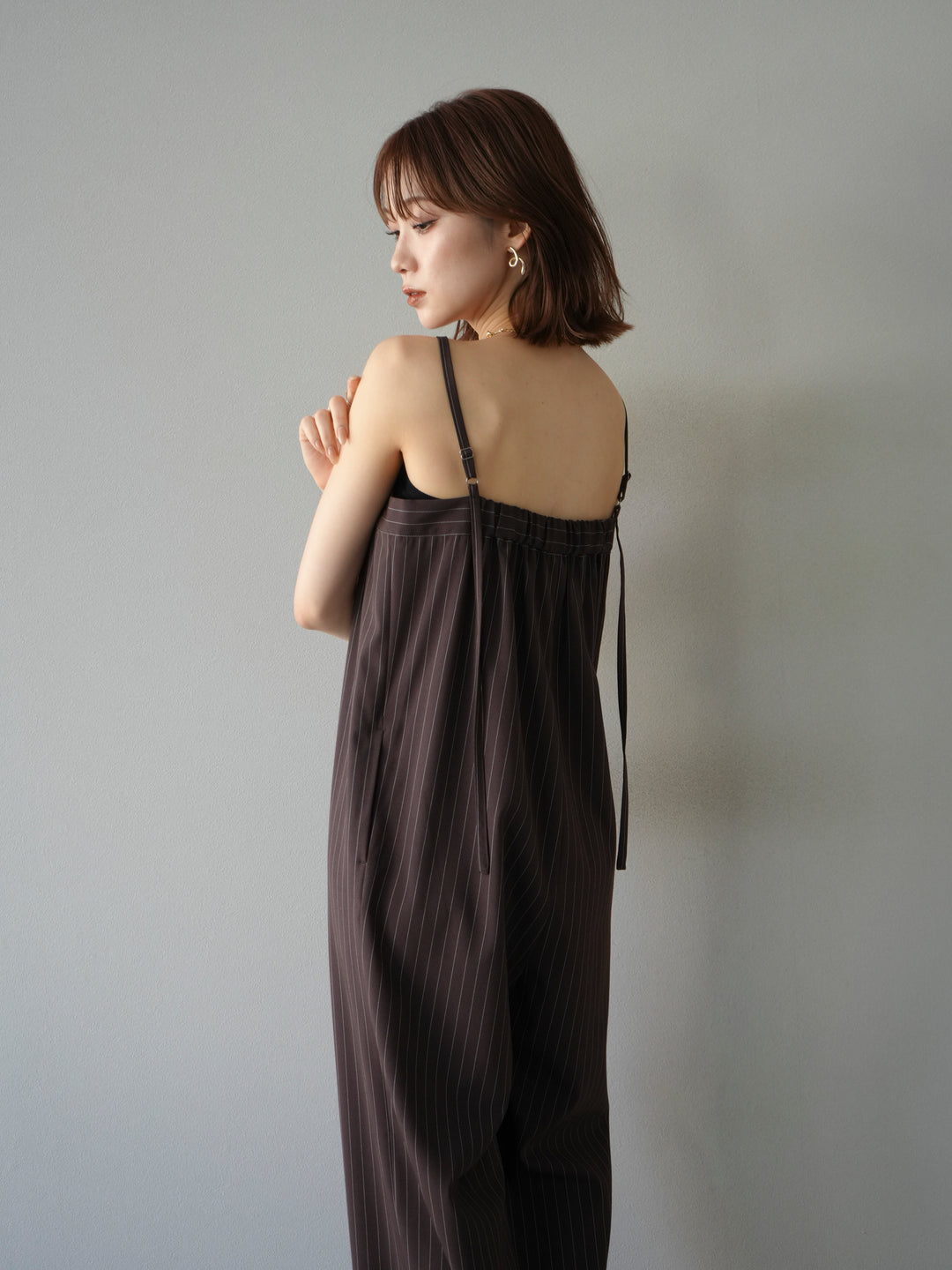 [予約]サテン切替ピンストライプサロペット/ブラウン