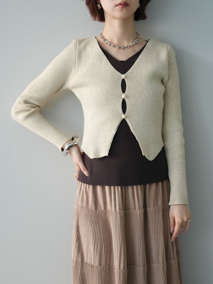 [SET]Vネック配色レイヤードスリットニットトップス+型押しスエードティアードプリーツスカート(2set)