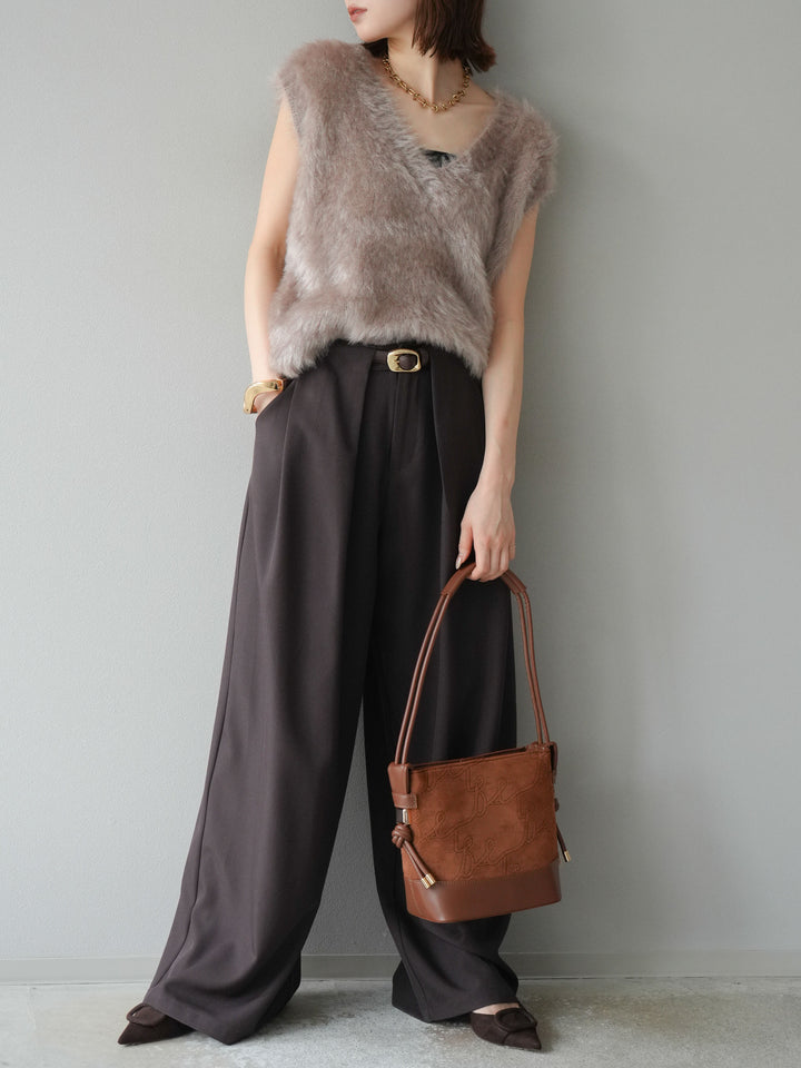 【預購】Lame Shaggy V領針織背心/灰米色