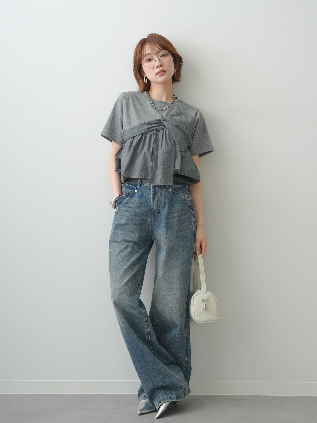 [SET]ナイロンドッキングツイストTEE +ストーンウォッシュルーズフィットデニム(2set)