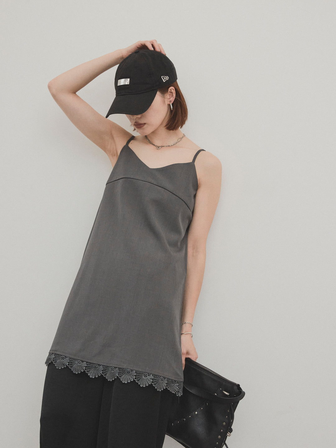 [予約]裾レース切替キャミミニワンピース/グレー