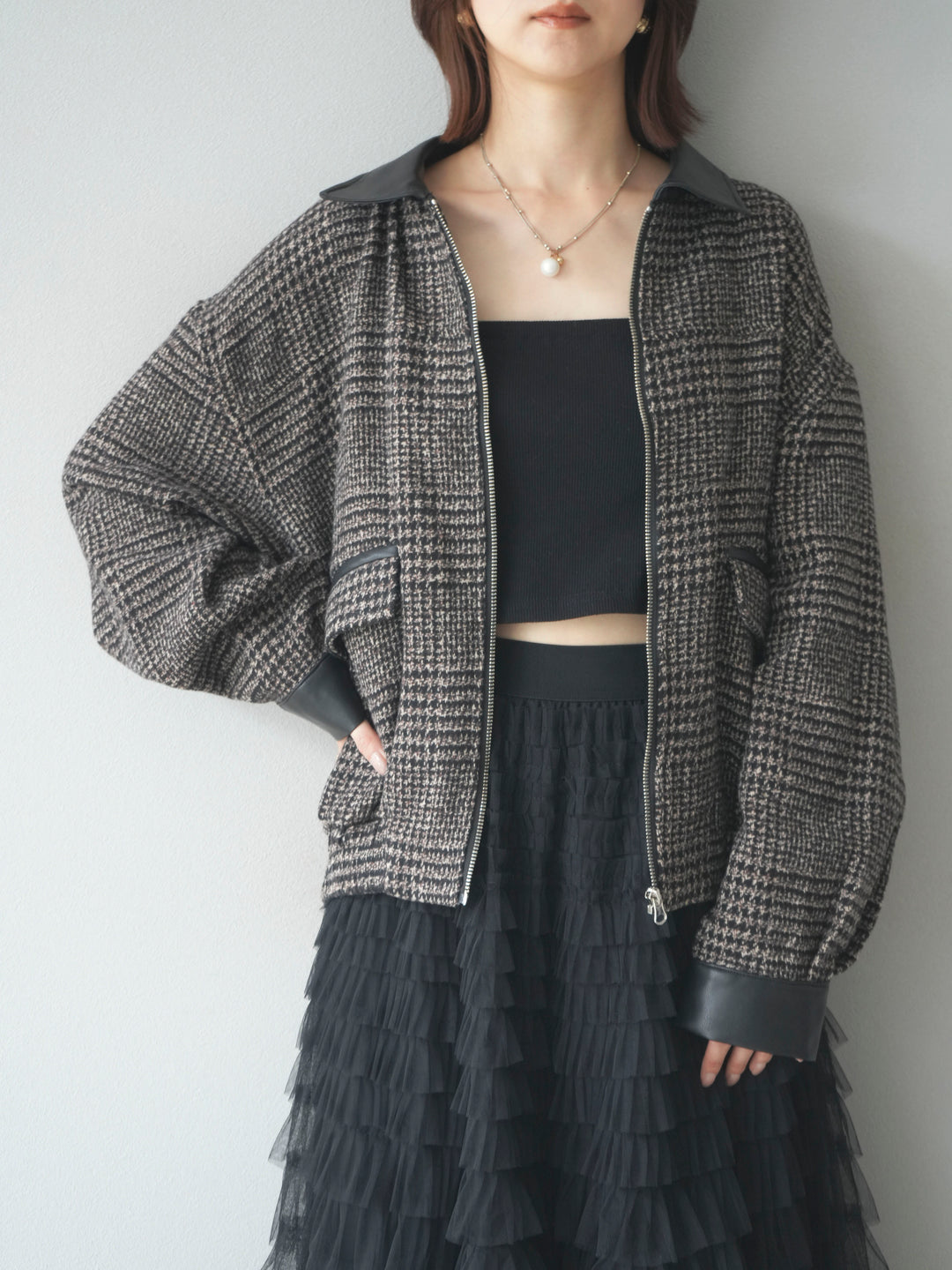 [予約]レザー襟ミックスツイードジャケット/brown