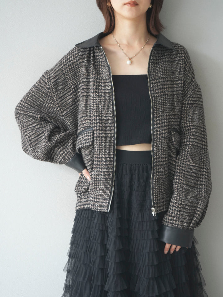 [予約]レザー襟ミックスツイードジャケット/brown