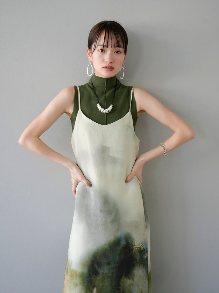 【預訂】藝術印花吊帶洋裝/綠色