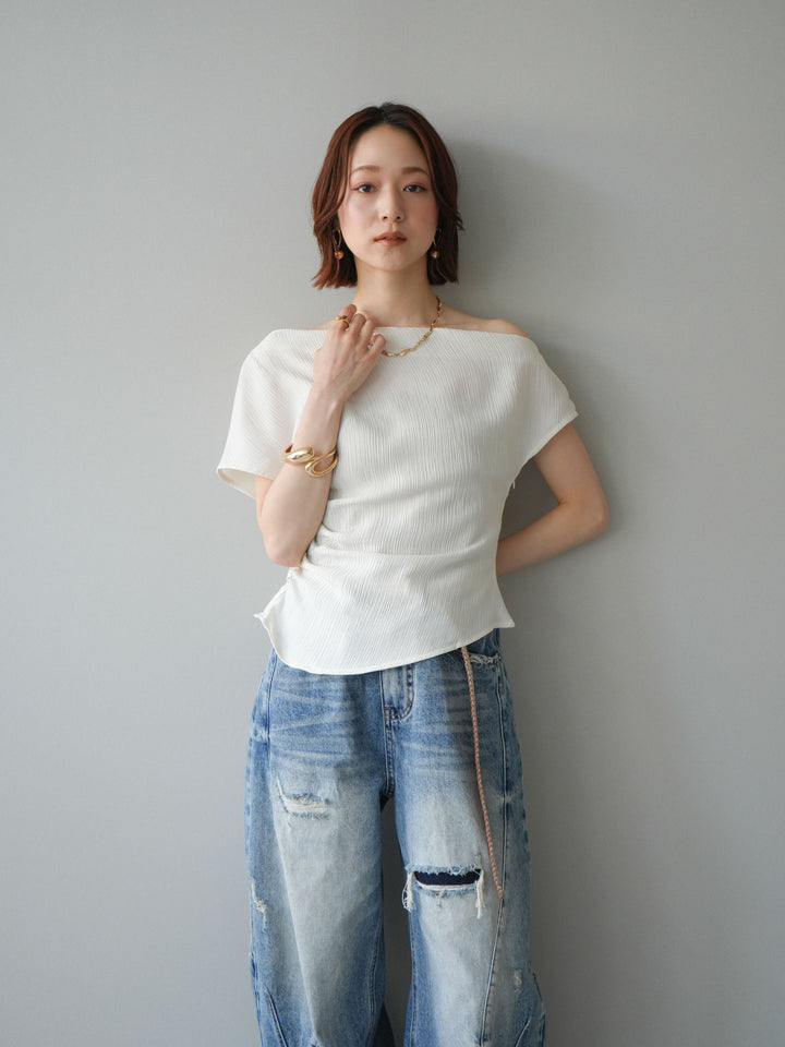 [予約]クレープアシンメトリーギャザートップス/white
