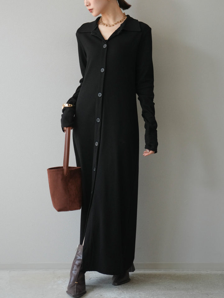 [予約]襟付きカットリブボタンワンピース/ブラック