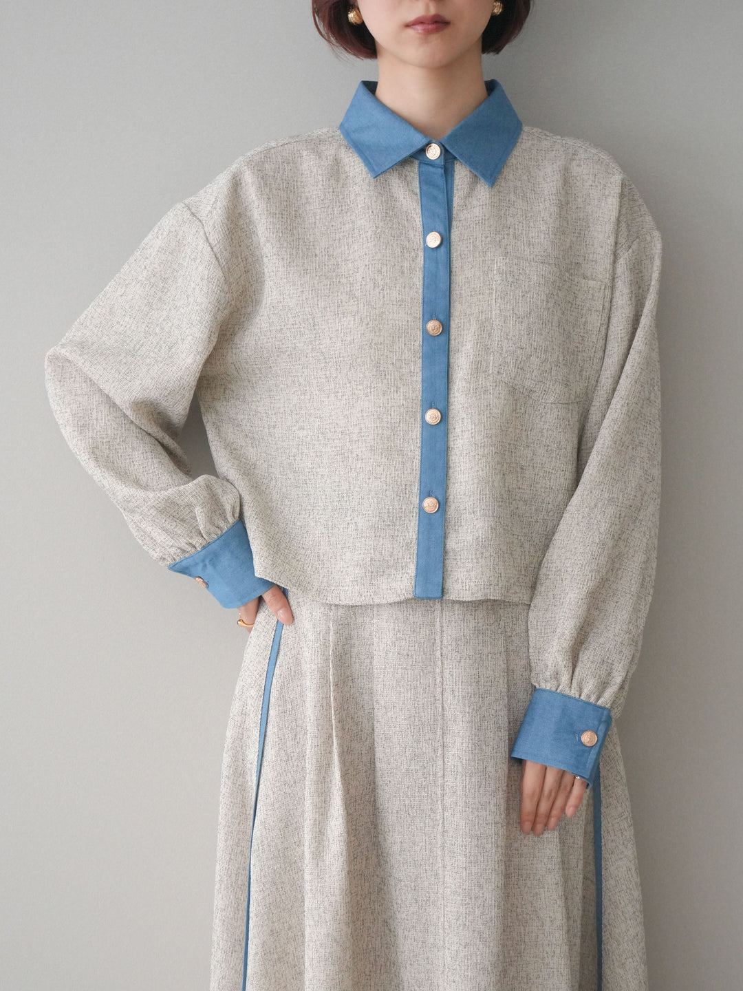 [SET]異素材サマーツイードシャツ+異素材サマーツイードタックフレアスカート(2set)