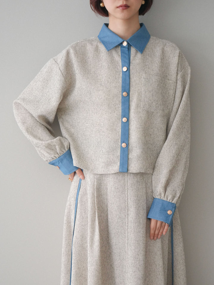 [SET]異素材サマーツイードシャツ+異素材サマーツイードタックフレアスカート(2set)