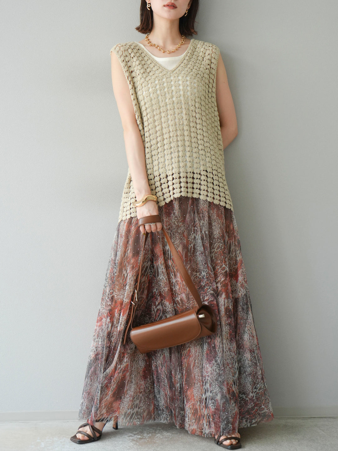 [予約]ニュアンス柄チュールレイヤードプリーツスカート/ブラウン