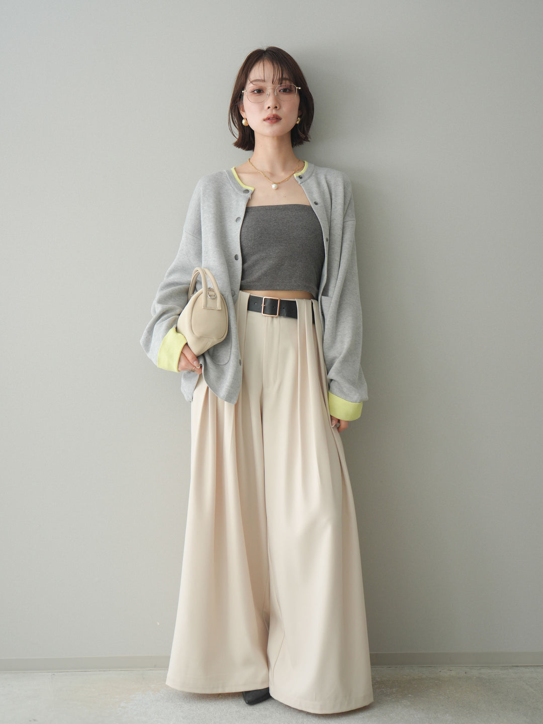 [SET]バイカラーオーバーニットカーディガン+タックベルトループワイドパンツ(2set)