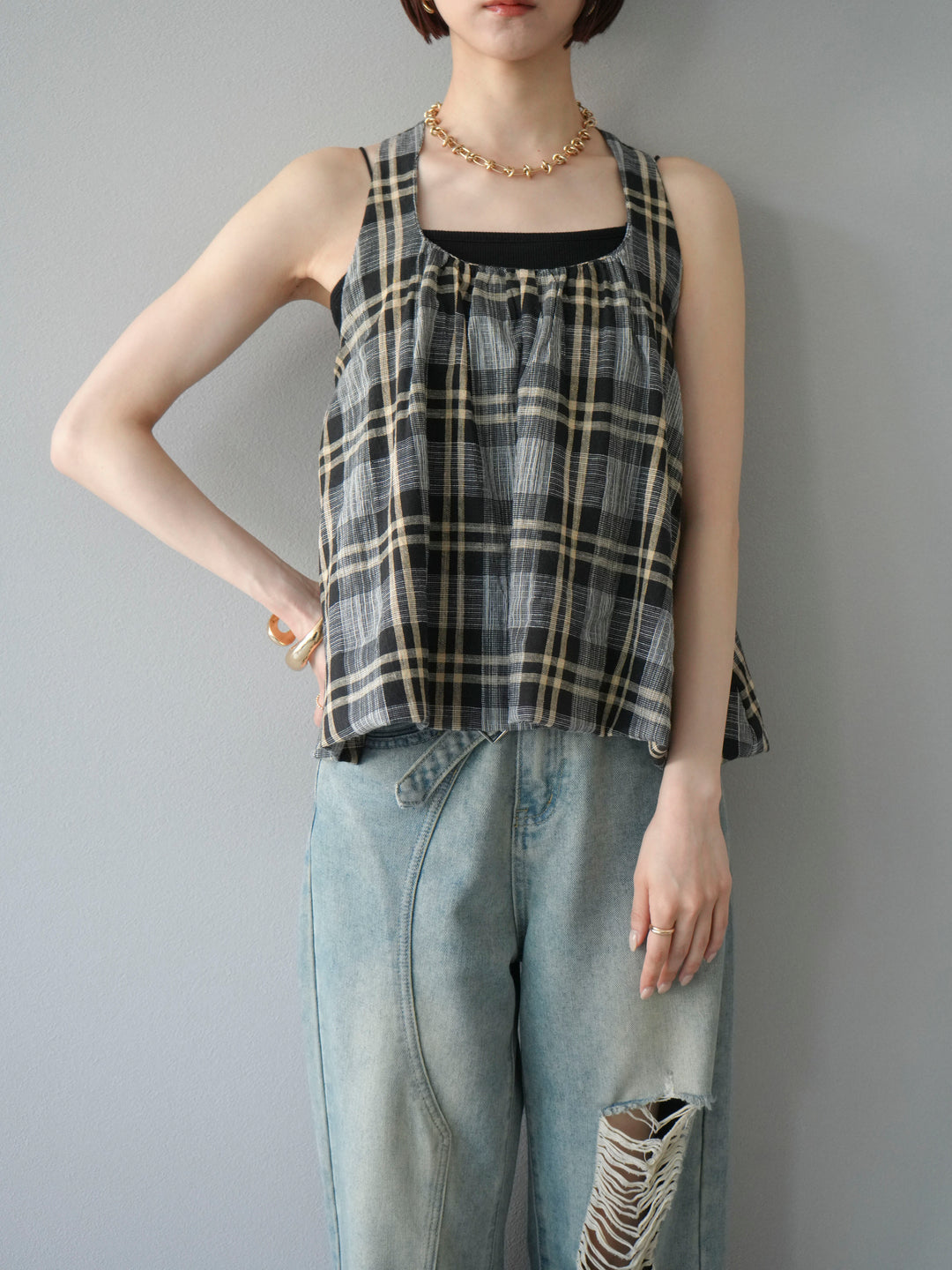 [予約]チェッククロスキャミプルオーバー/ブラック