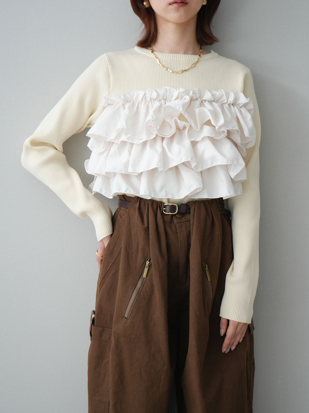 [SET]フリルビスチェドッキングスポンジニットプルオーバー+コットンタックループパンツ(2set)