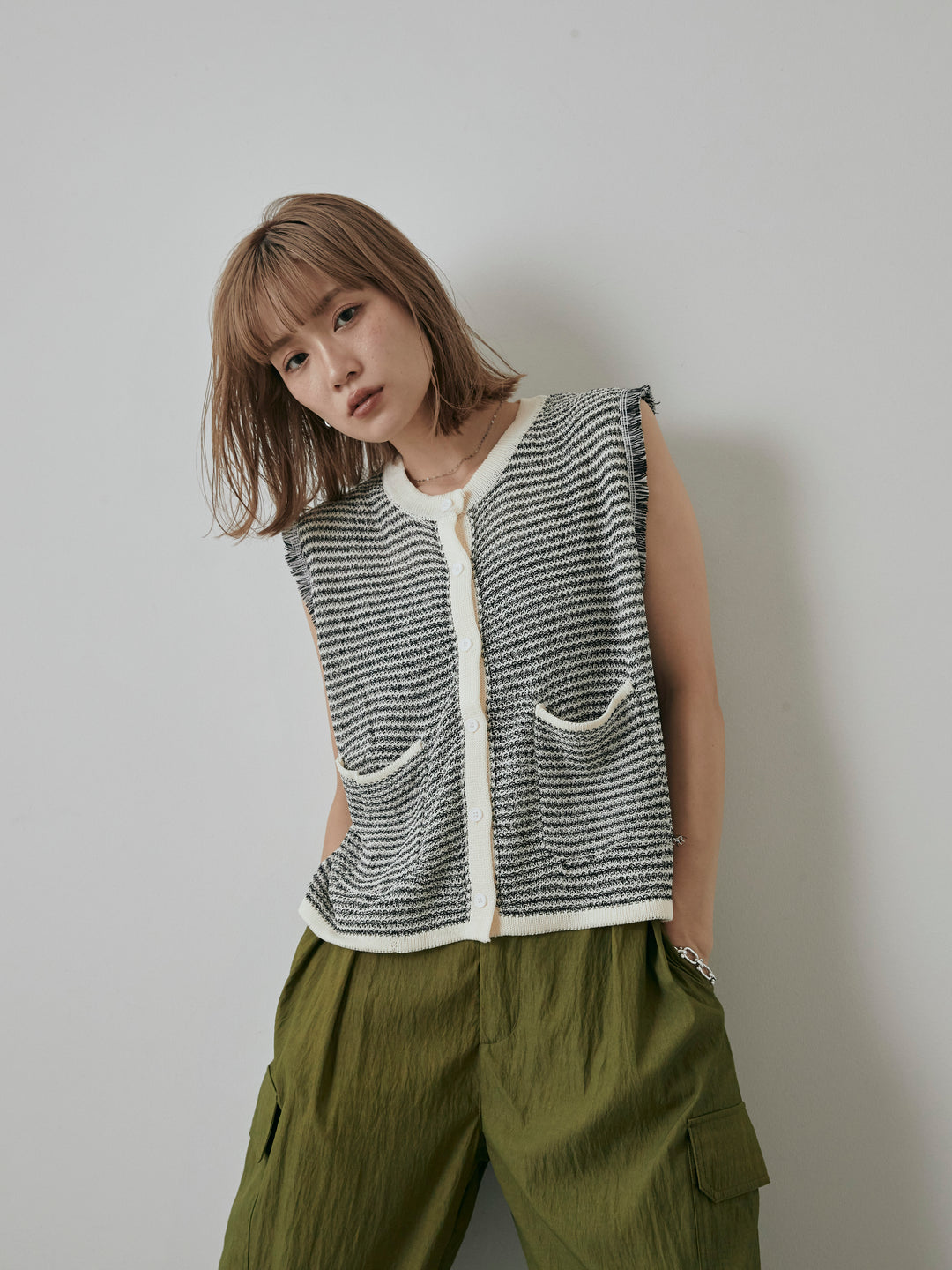 [予約]ボーダー袖フリンジニットベスト/オフ