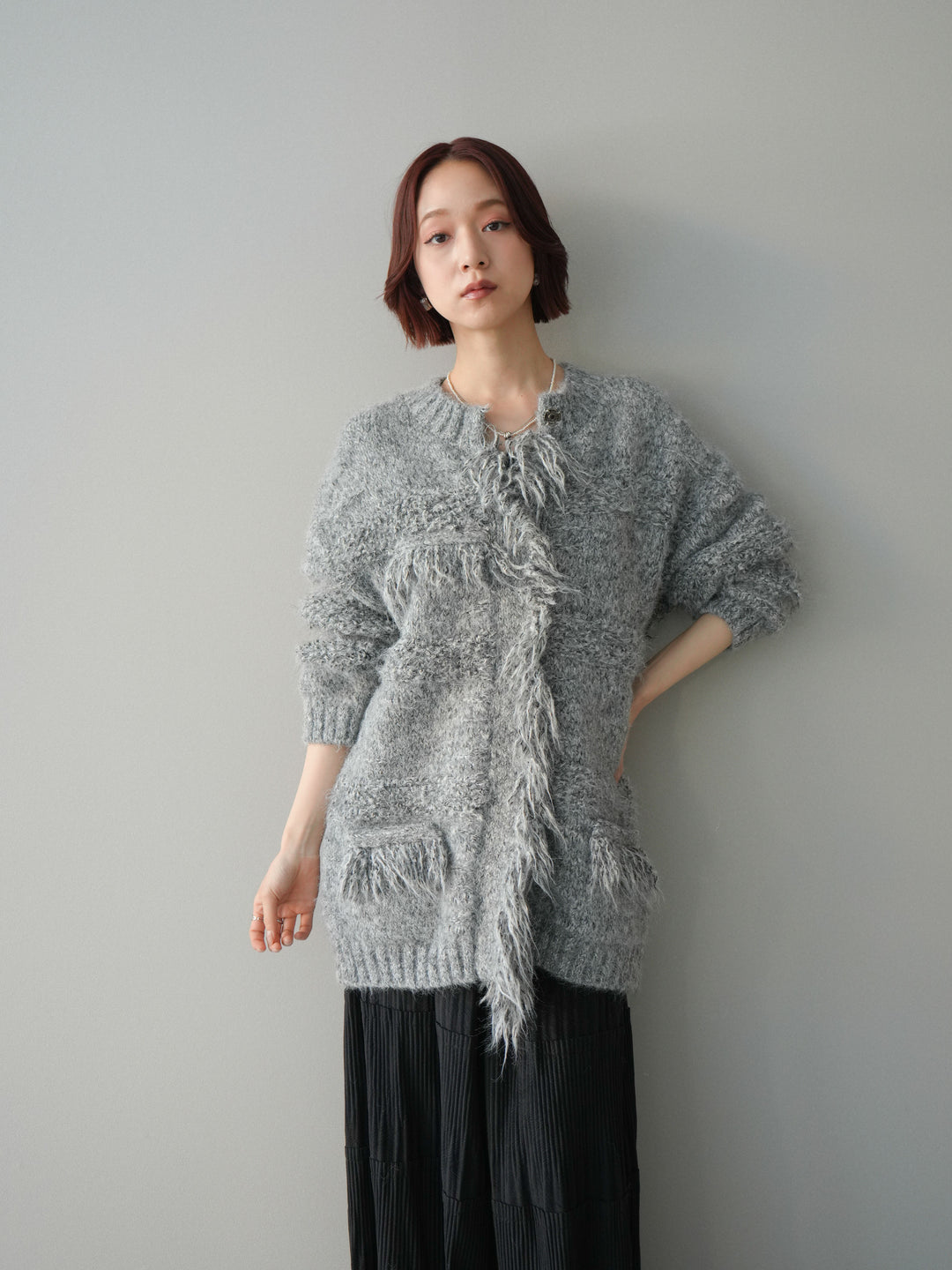 [SET]ミックスヤーンフリンジデザインニットジャケット+型押しスエードティアードプリーツスカート(2set)