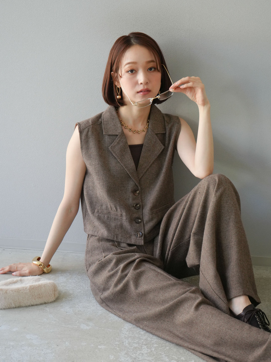 [予約]ツイードタッチテーラードジレ/ブラウン