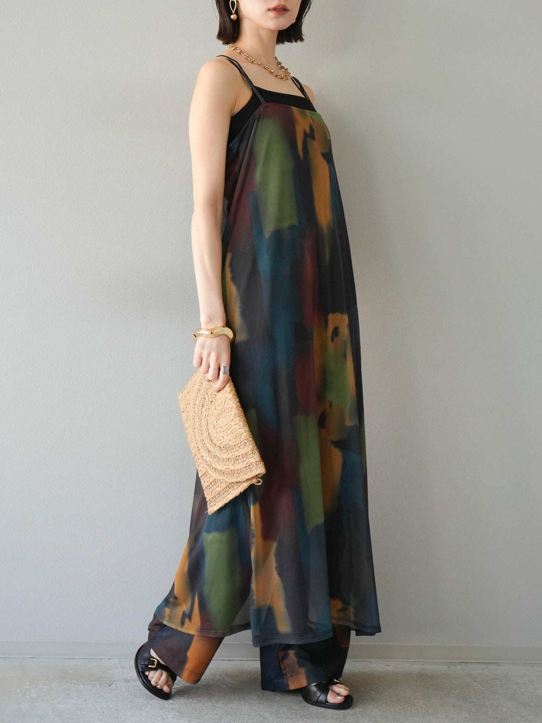 [SET]水彩アートシアーキャミワンピース+水彩アートイージーパンツ(2set)