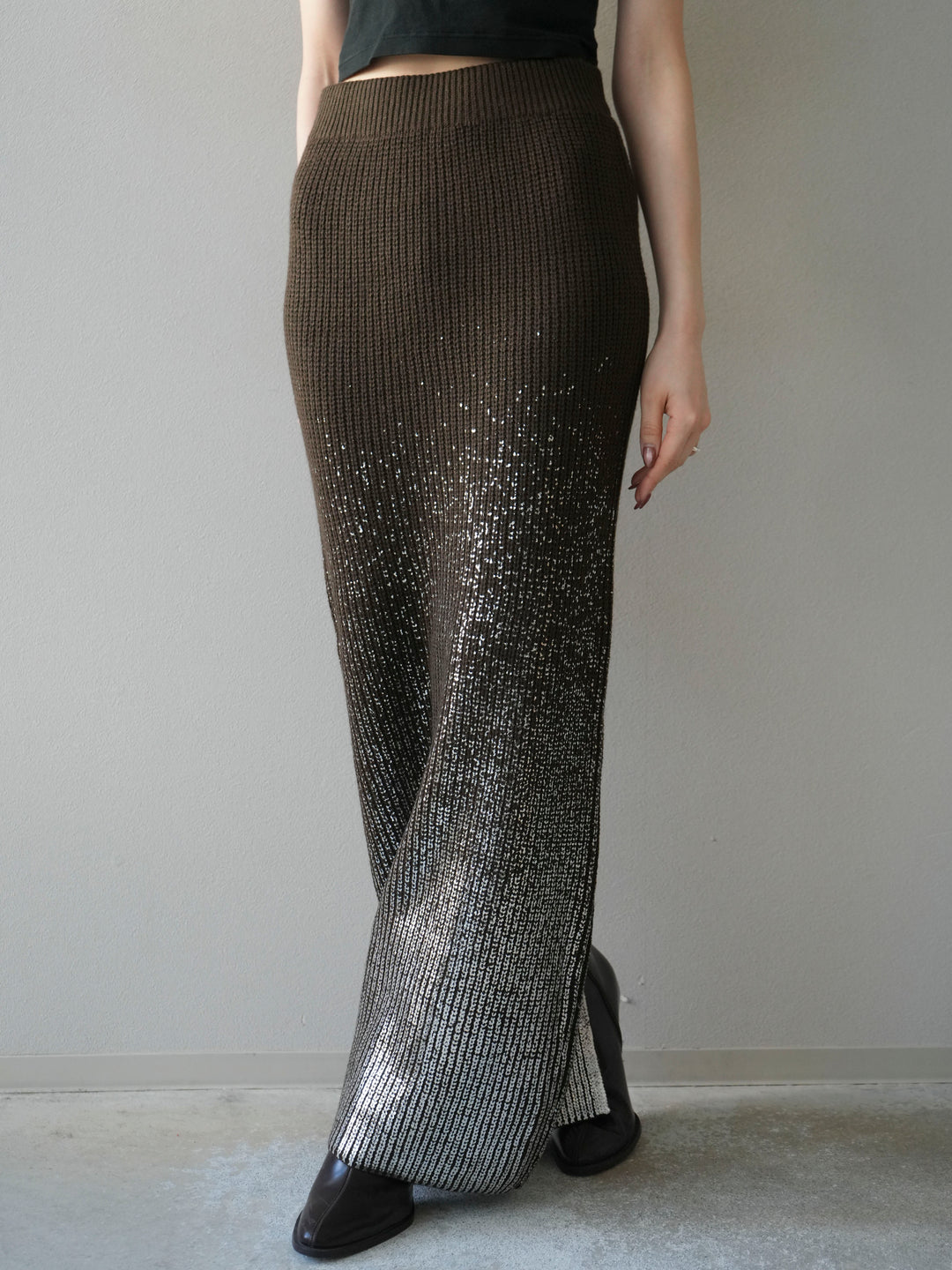 [予約]箔プリントニットタイトスカート/coffeebrown