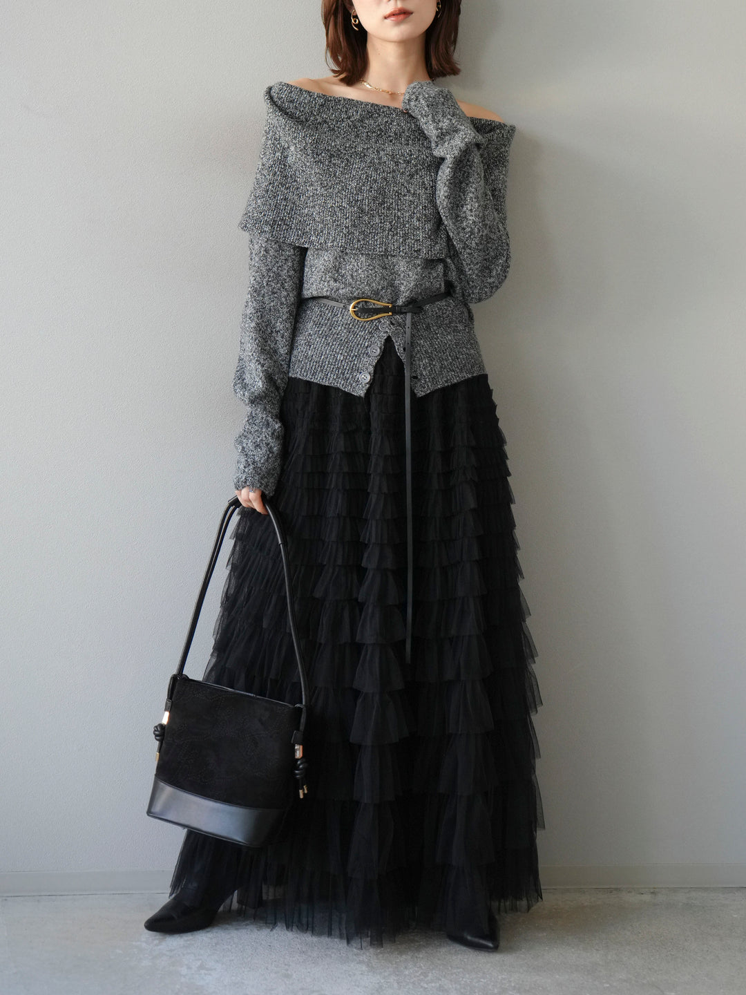 [予約]ミックスヤーンオフショルニットプルオーバー/ブラック