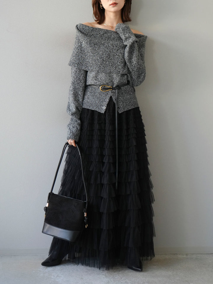 [予約]ミックスヤーンオフショルニットプルオーバー/ブラック