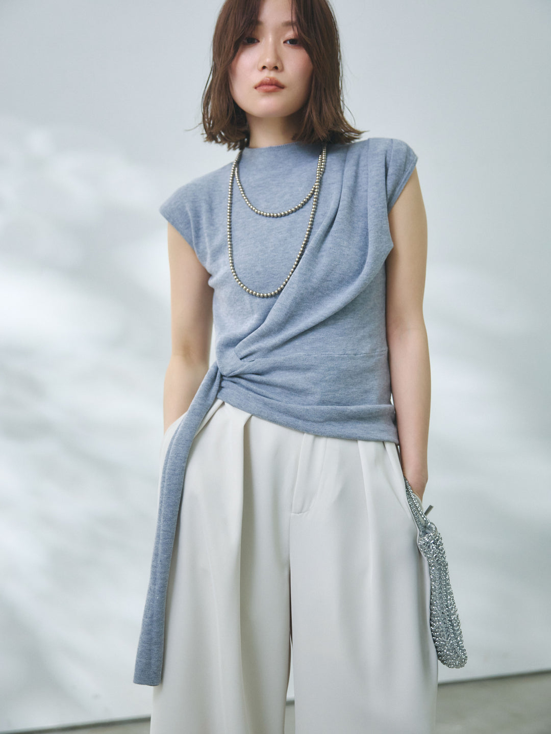 【Allure】[SET]サイドベルトボトルネックノースリーブニットトップス+サイドベルトボトルネックノースリーブニットトップス(2set)