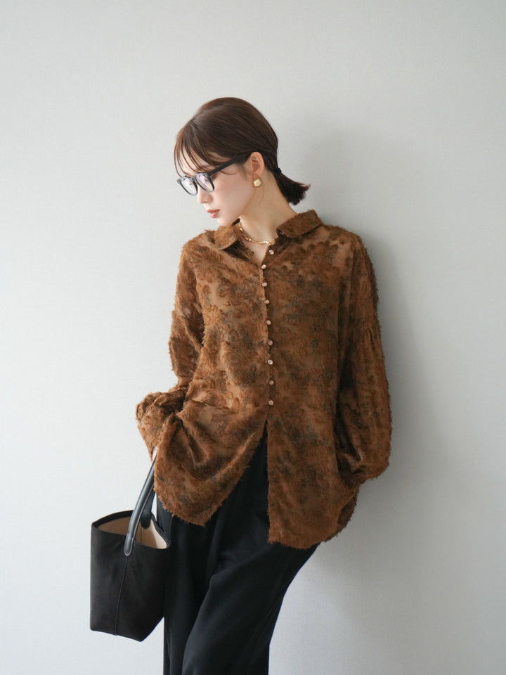 [予約]ニュアンスフリンジジャガードボリュームスリーブブラウス/ブラウン