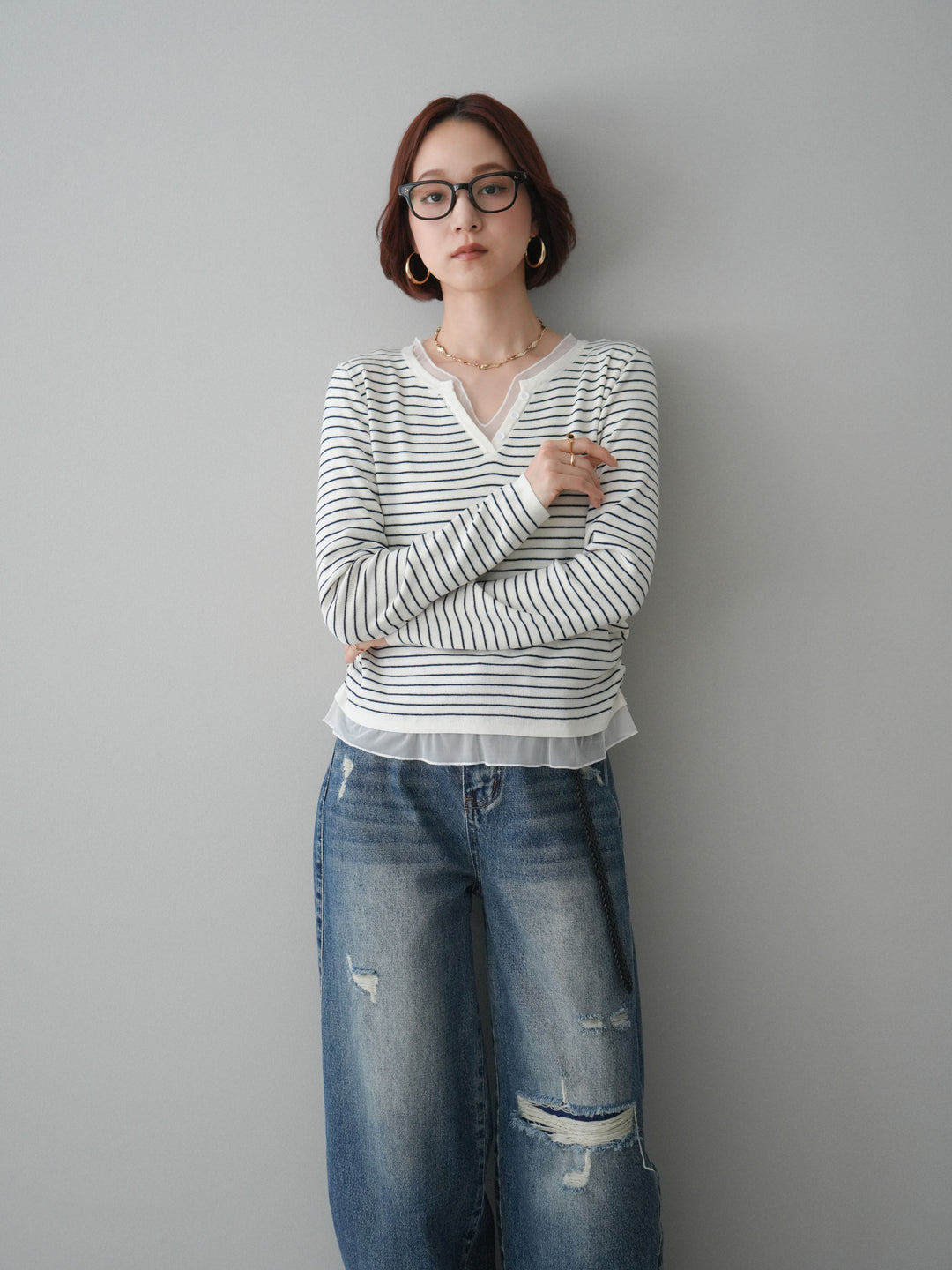 [SET]チュールレイヤードデザインボーダーニットトップス+ダメージデニムセミワイドパンツ(2set)