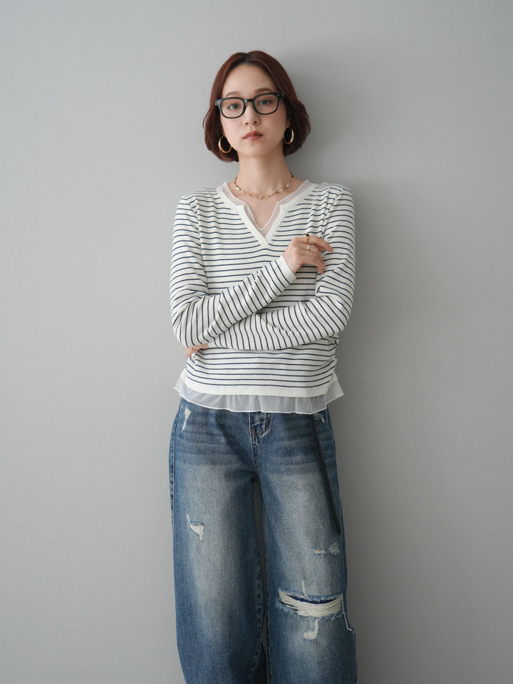 [SET]チュールレイヤードデザインボーダーニットトップス+ダメージデニムセミワイドパンツ(2set)