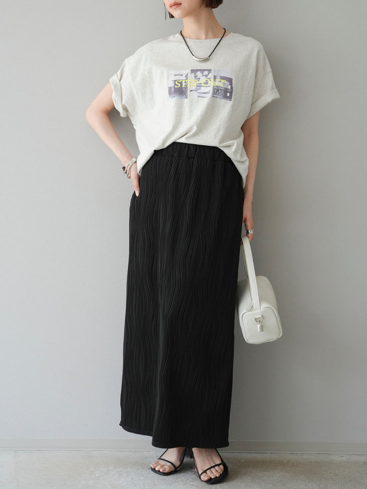 [SET]ネオンロゴコラージュフォトプリントオーバーTシャツ+ウェーブパイピングタイトスカート(2set)