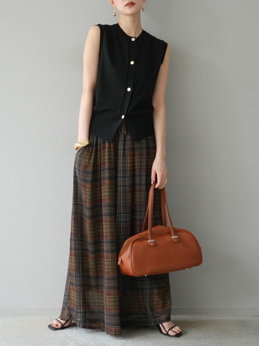 [SET] 金銀絲針織背心 + 透視格紋寬鬆褲 (2 件套)