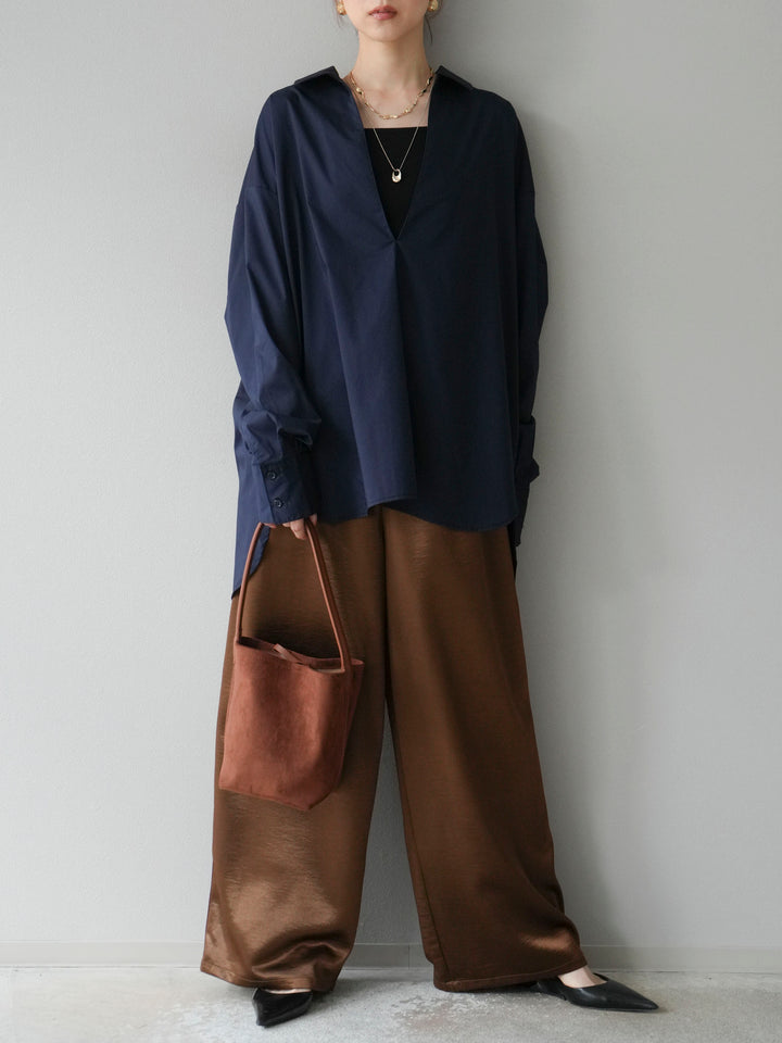 [予約]サテンラインワイドパンツ/ブラウン