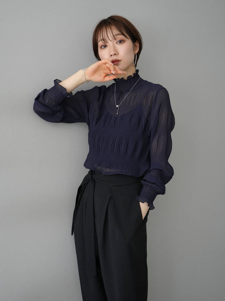 予約]シャーリングシフォンブラウス/ネイビー – Lumier 