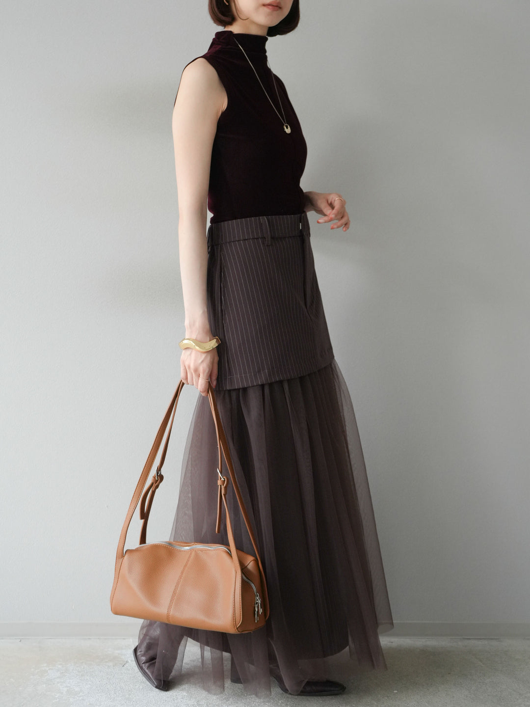 [予約]ストライプ切替チュールスカート/ブラウン