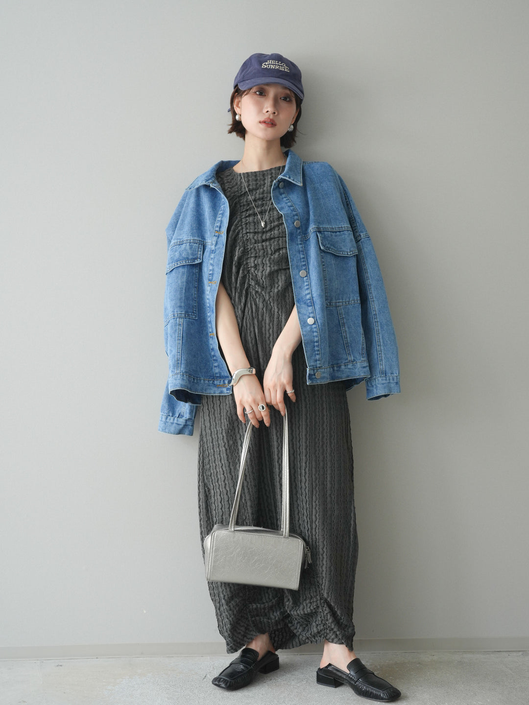 [SET]シャーリングジャガードノースリーブワンピース+ルーズシルエットデニムジャケット(2set)