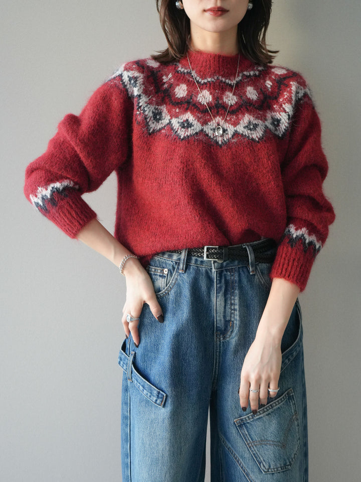 [予約]ソフトタッチ求心柄ニットプルオーバー/red