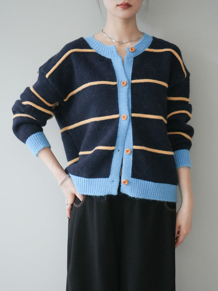 [予約]配色ボーダーニットカーディガン/navy
