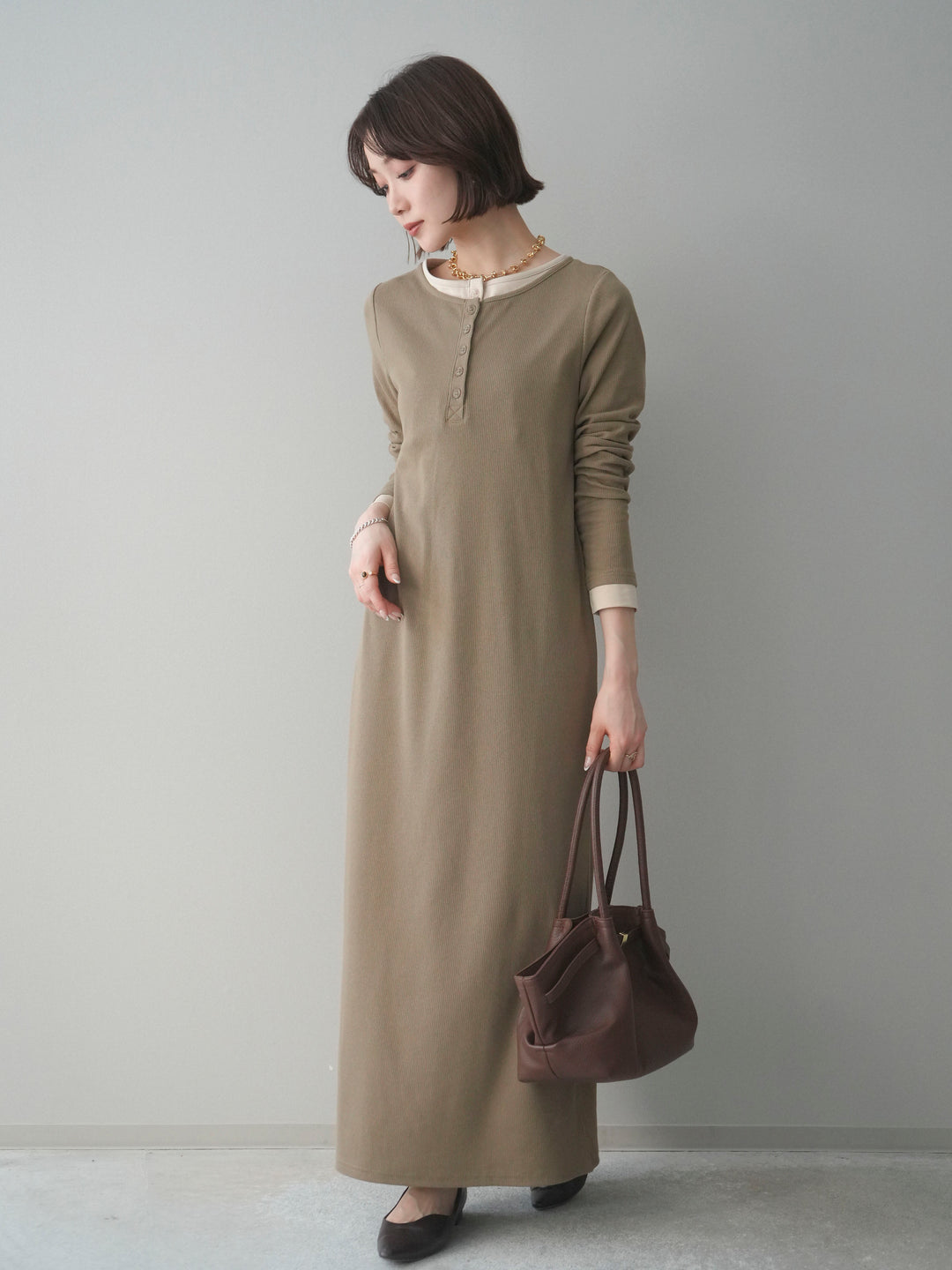 [予約]配色レイヤードヘンリーネックカットリブワンピース/mocha