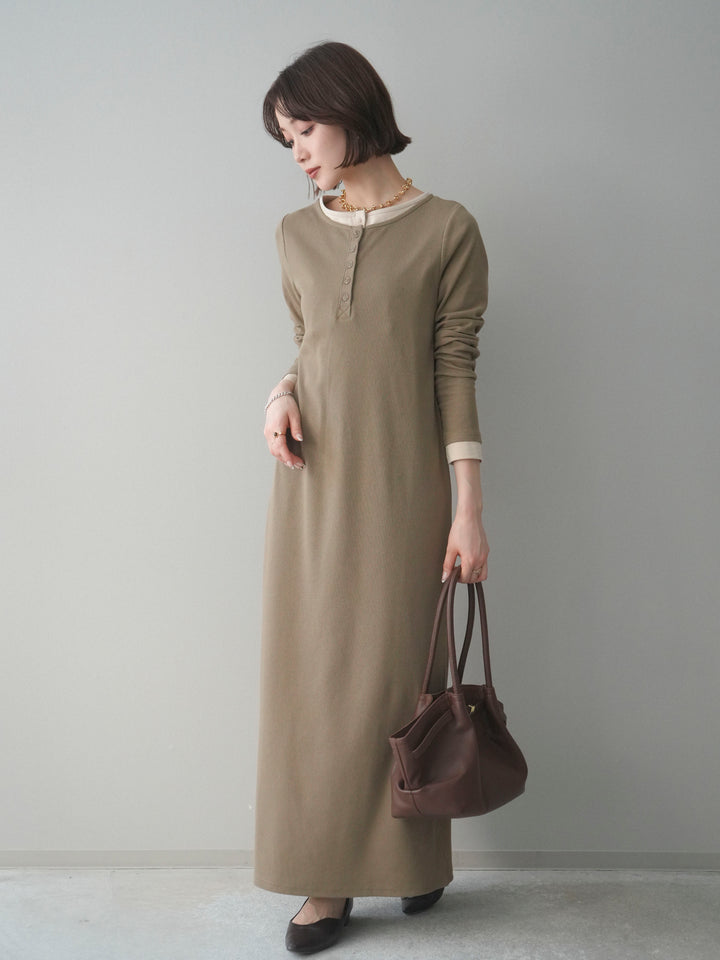 [予約]配色レイヤードヘンリーネックカットリブワンピース/mocha