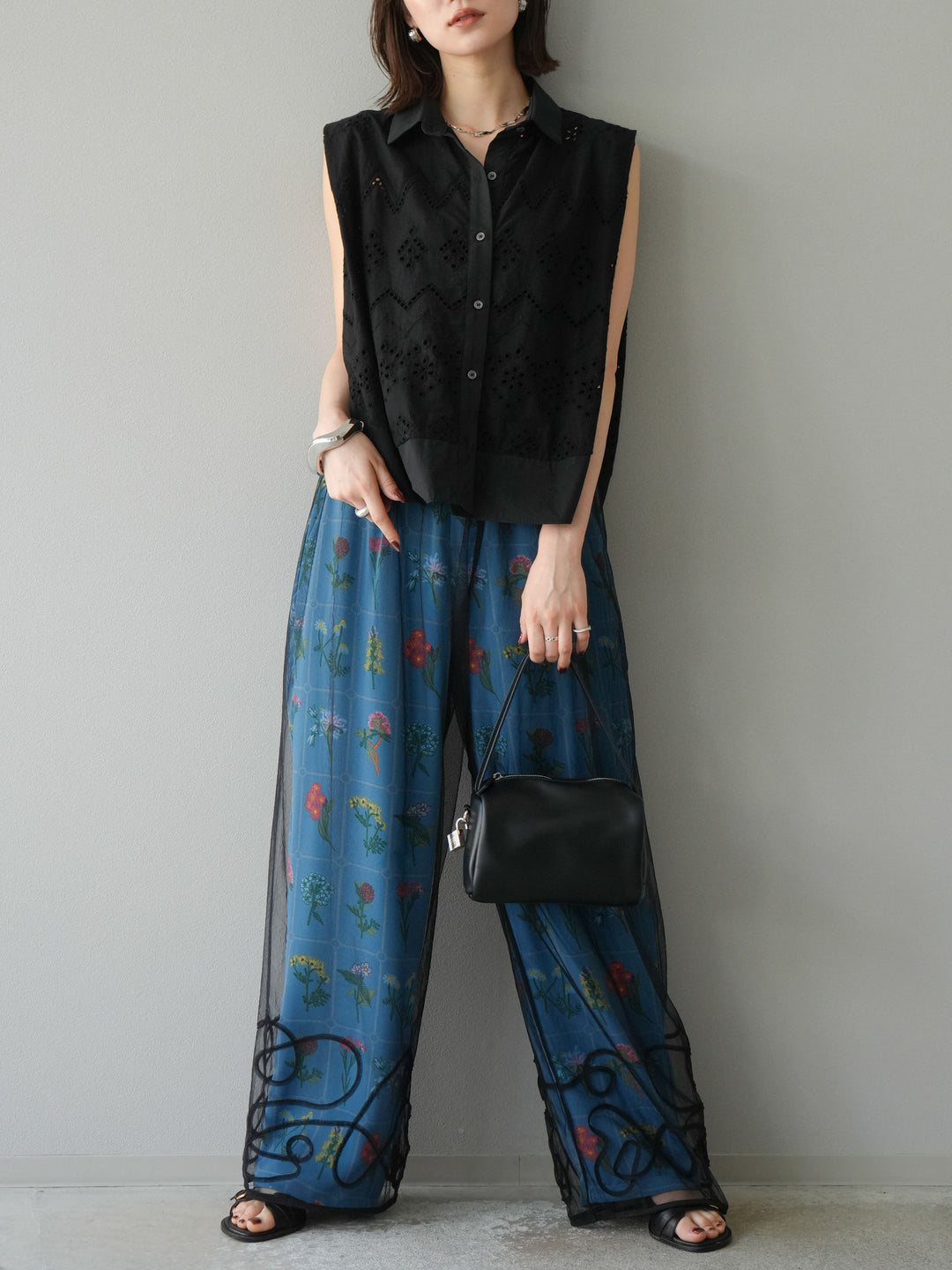 [予約]パッチワークフラワープリントイージーパンツ/ブルー