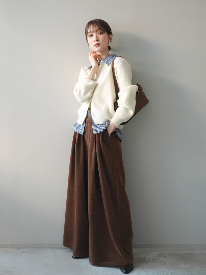 [SET]チェックシャツ襟ニットカーディガン+ベルトデザインループコールテンワイドパンツ(ベルト付き)(2set)