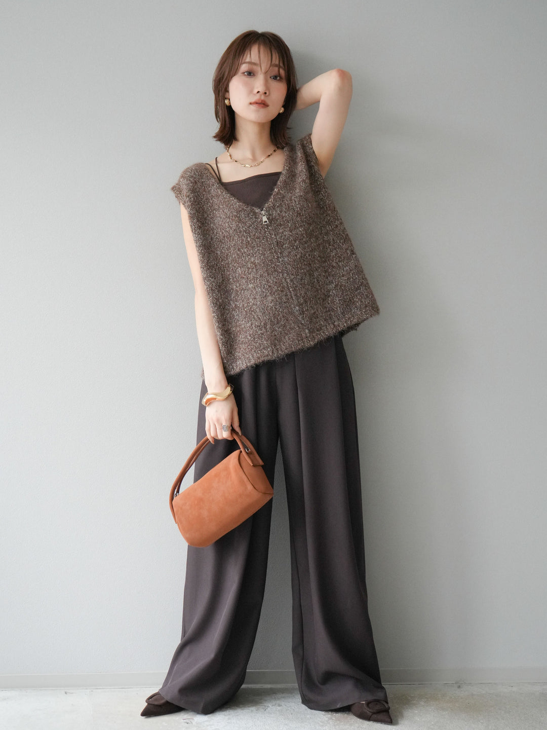 [予約]フロントZIPミックスニットベスト/ブラウン