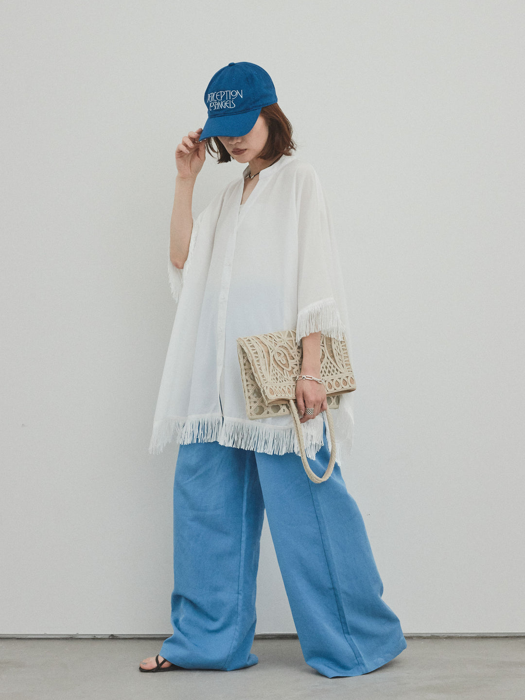 [SET] 方形流蘇斗篷襯衫 + 亞麻觸感褶皺寬褲 (2 件套)