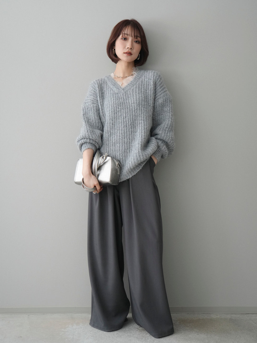 [SET]Vネックレースニットプルオーバー+ベルトループデザインワイドパンツ(2set)