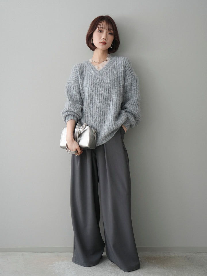 [SET]Vネックレースニットプルオーバー+ベルトループデザインワイドパンツ(2set)