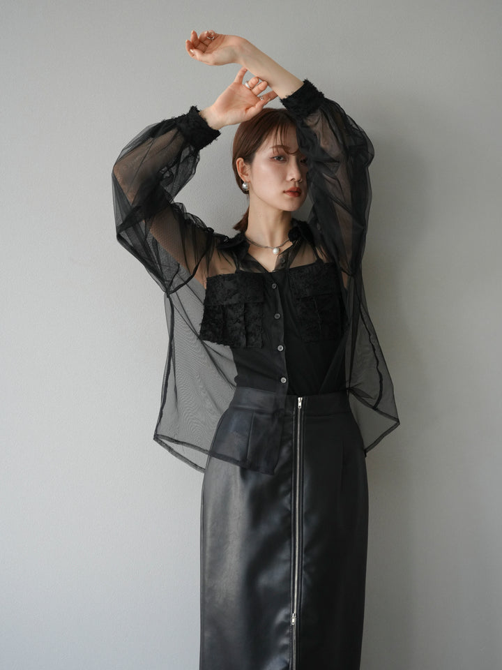 [予約]フリンジジャガード×チュールレイヤードシャツ/ブラック